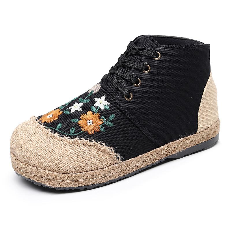 Autumn New Style Ethnic Embroidery Women's Daisy Shoes Mid-cut Cotton and Linen Embroidered Shoes for Women