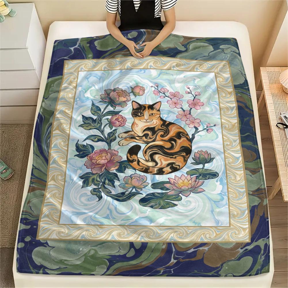 Cat Flower Print Flannel Blanket, High quality Comfortable for All Seasons, Home Decor, Warmth and Comfort, Perfect for Christmas Gifts44