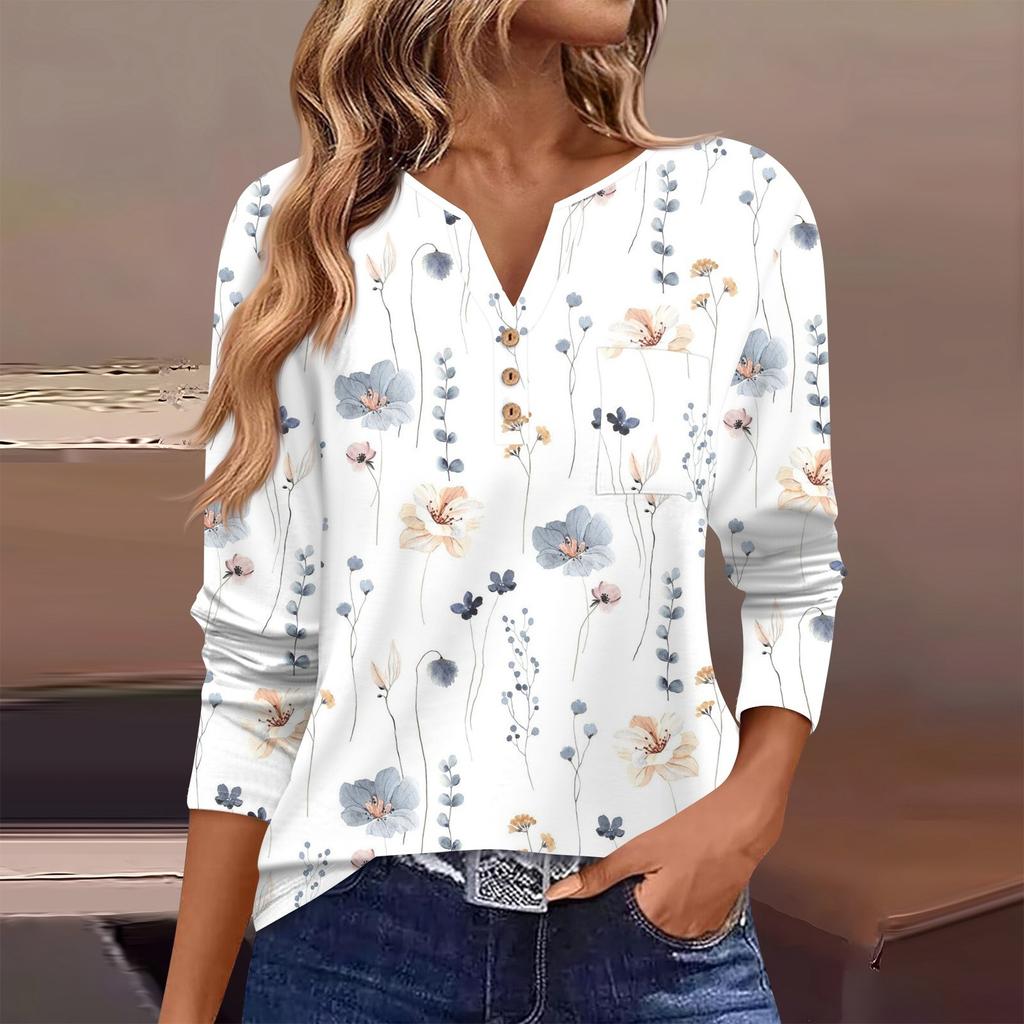 Женская футболка с длинным рукавом на пуговицах, повседневная, выходного дня, модная, базовая, с V-образным вырезом, обычная, с карманом