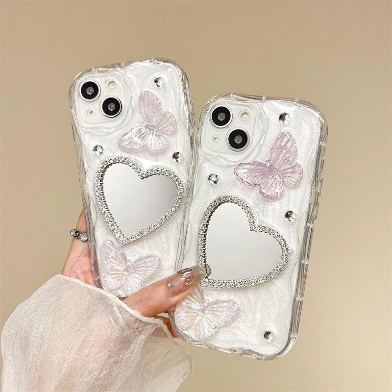 Зеркальный чехол с розовым сердечком и бабочкой для iPhone 15, 14, 13, 12, 11 Pro Max XR XS, Huawei Mate 60 Pro P50 40 30, чехлы для защиты от падения «все включено»