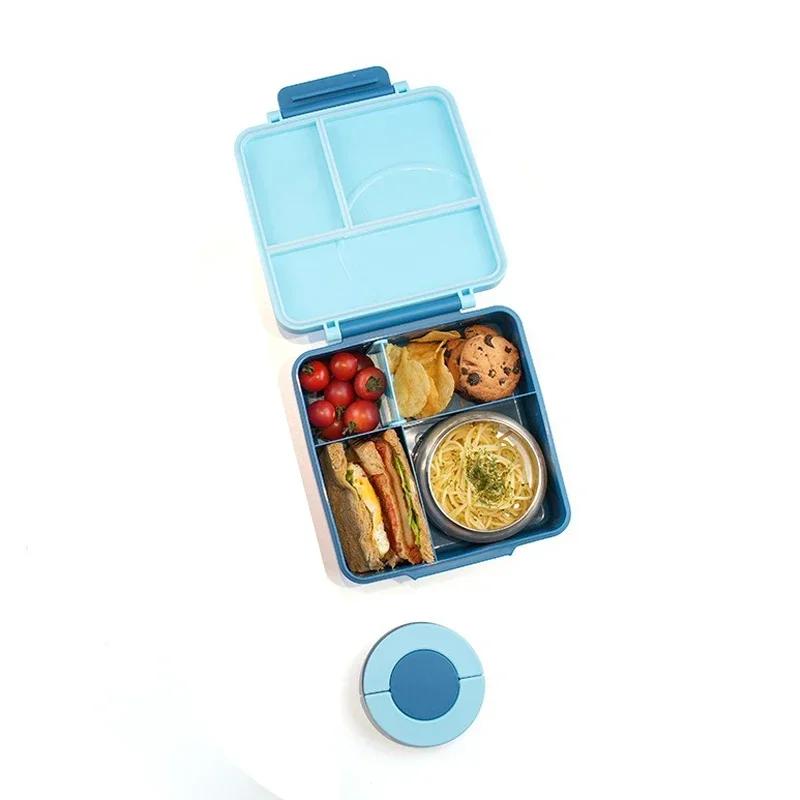 Plastic Lunch Box with Stainless Steel Soup Bowl Leak-Proof Microwave Oven Heating Bento Box Picnic School Office Food Container