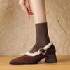French retro single shoes 2024 winter new black thick heel Mary Jane shoes women's plush shoes pointed low heel