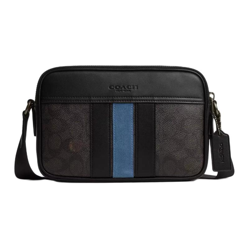 COACH crossbody bag Graham 23 college stripe design adjustable shoulder strap coated canvas and suede and smooth calfskin medium size unisex couple