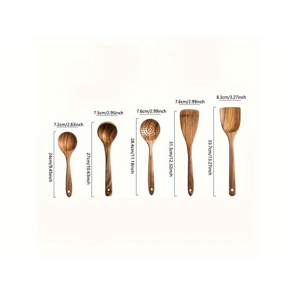 Набор из 5 высококачественных деревянных кухонных принадлежностей - ручка, натуральная деревянная ложка, кухонная лопатка, суповая ложка, антипригарная сковорода, специальная лопатка