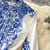 New Fashion Runway Red And White Porcelain Dress Women's Stand Long Lantern Sleeve Blue Floral Print Shirt Robe Dresses