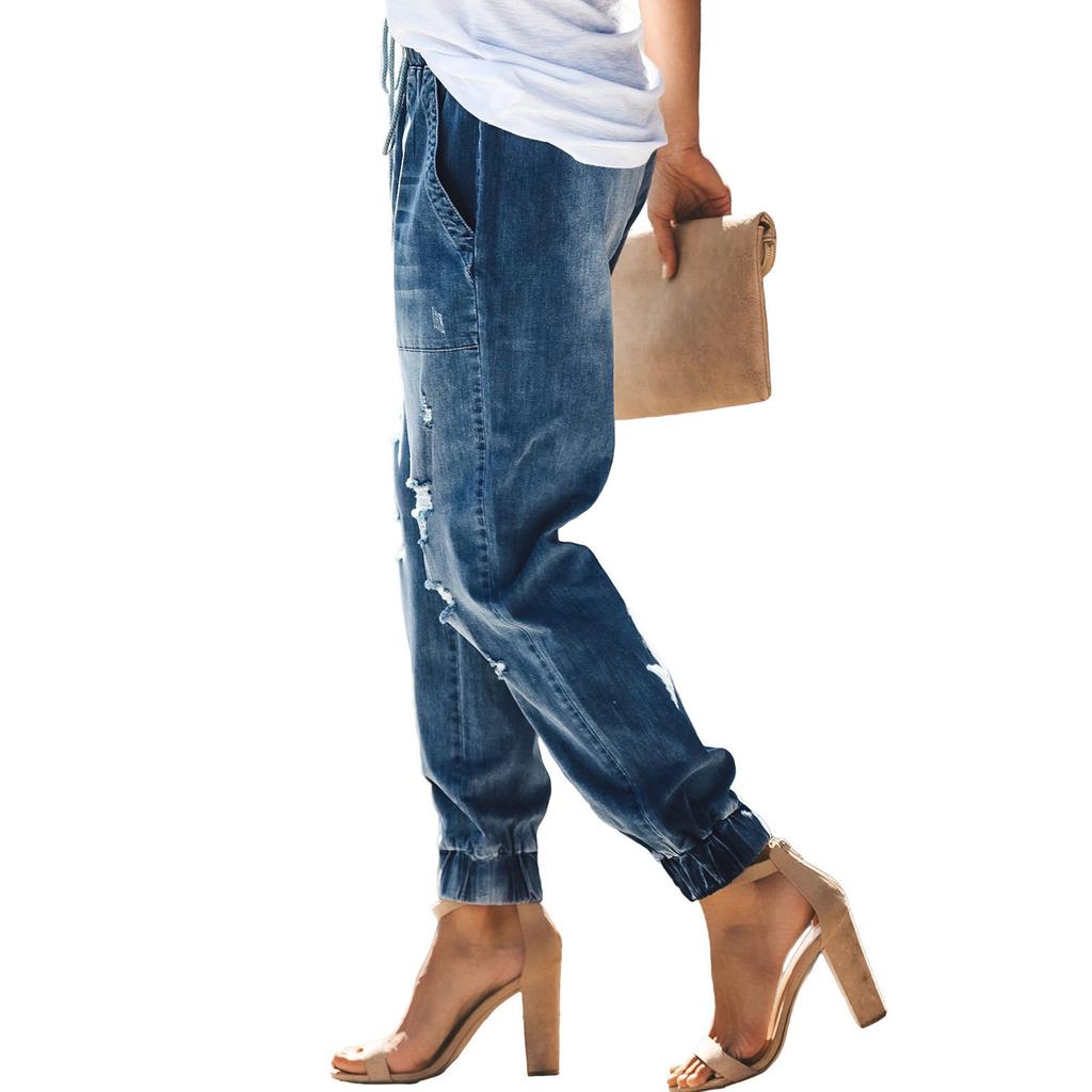 Women's Ripped Jeans Drawstring Elastic Waist Washed Casual Pants Denim Trousers