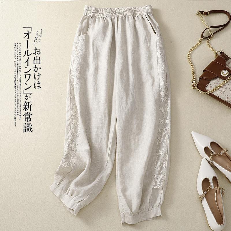 Летние женские брюки, хлопковые шаровары, литературные свободные повседневные кружевные брюки-шаровары