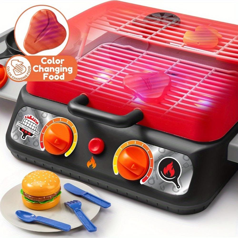 JOYFY Kids BBQ Grill Playset Kitchen Toy Set with Pretend Smoke Light Color-Changing Food for Boys Girls Kids Birthday Gift