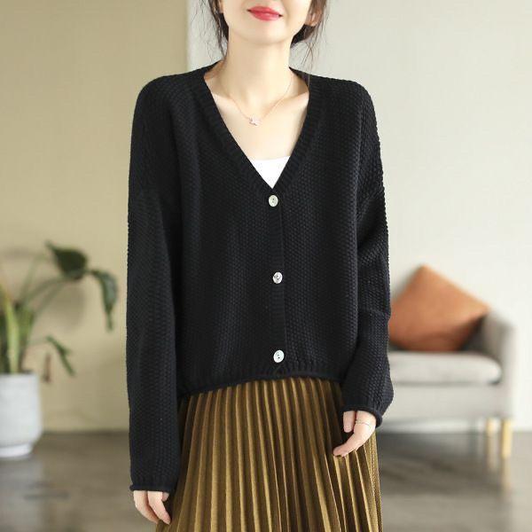 Женские винтажные свитера с v-образным вырезом и длинными рукавами, кардиган, однотонная повседневная одежда на пуговицах, вязаные хлопковые свитера