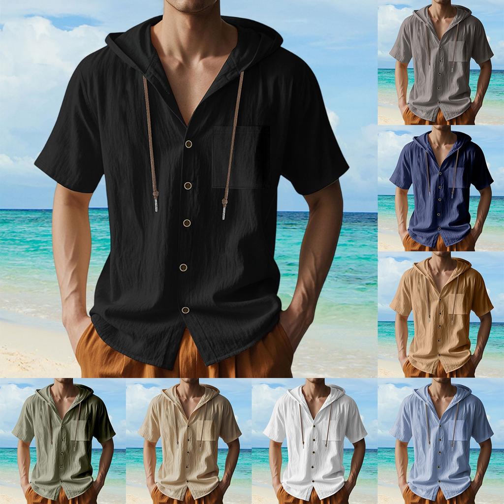 Men's Linen Quick-Dry Hoodie Shirts Summer Casual Loose Breathable Button-Down Short Sleeve Hoodies
