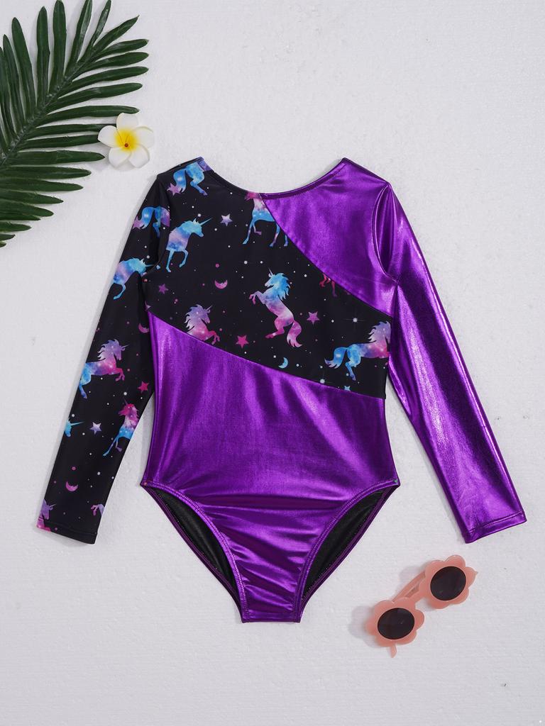 Gymnastics Leotards for Girls Sparkly Dancewear Long Sleeves Printed Jumpsuit Yoga Ballet Dance Clothes