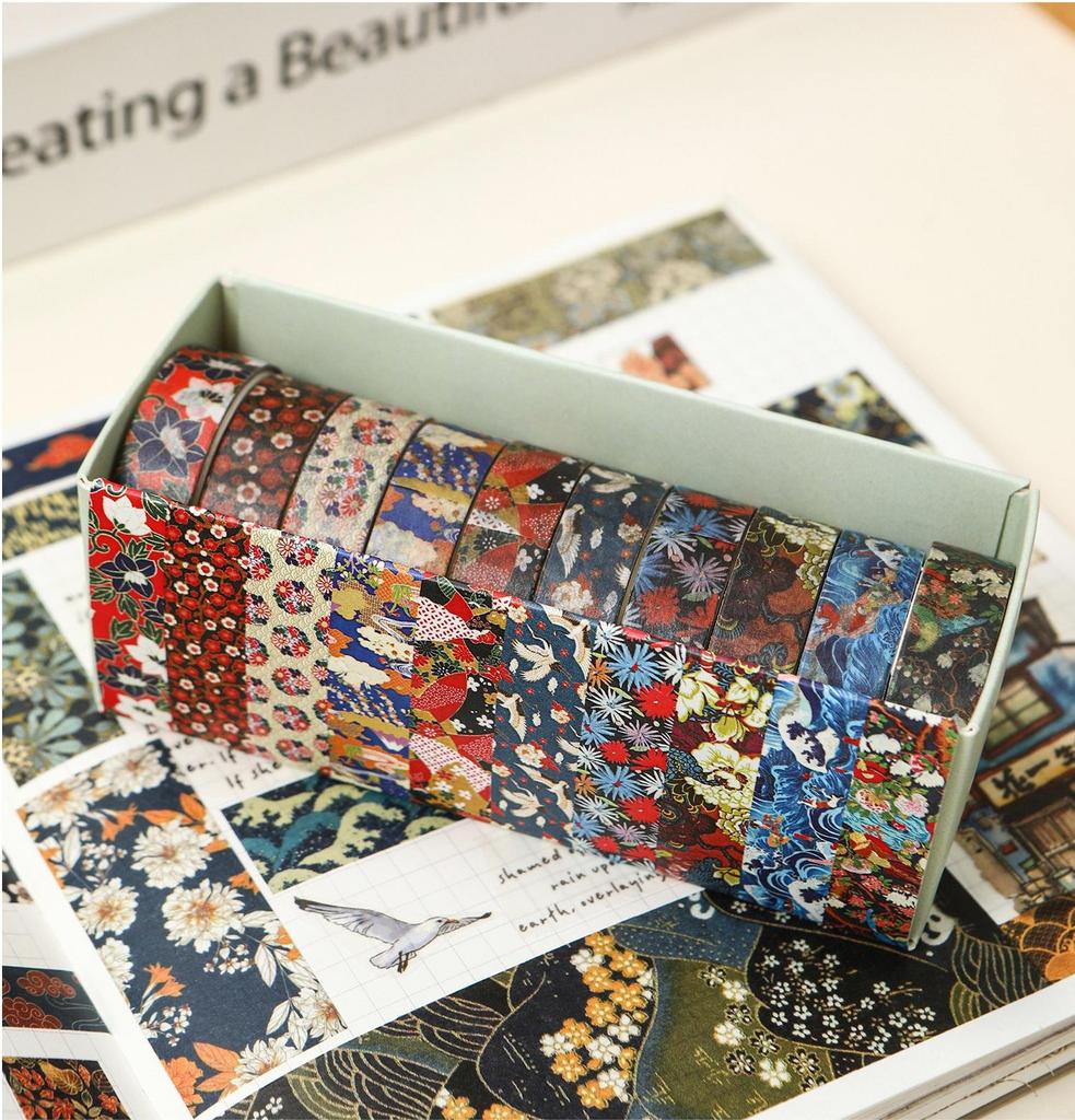 10 Rolls Kyoto Ukiyo-e Washi Tape Set Japanese Traditional Art Retro Wave Floral Pattern Masking Tape for Diary Album