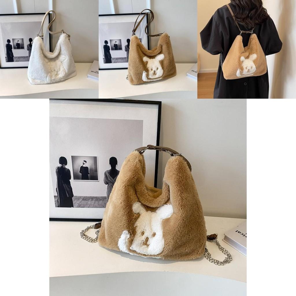 Очаровательная плюшевая мультяшная сумка-тоут для женщин, стильная сумка через плечо большой вместимости для школы и повседневного использования, в черном, хаки и кремовом цветах