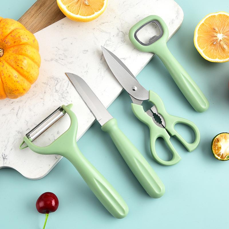 Four-Piece Kitchen Tool Set: Scissors, Can Opener, Grater, and Fruit Knife with Multi-functional Peeler and Melon Grater