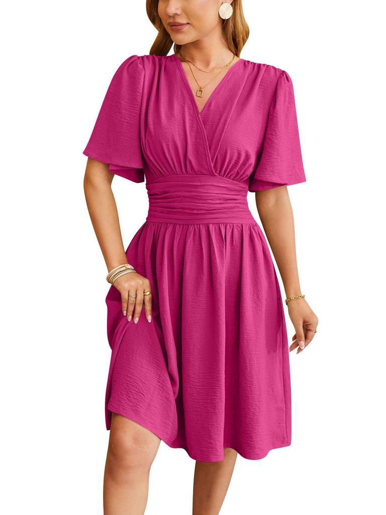 Женское платье с V-образным вырезом, приталенное, с рукавами-клеш, весна/лето 2024