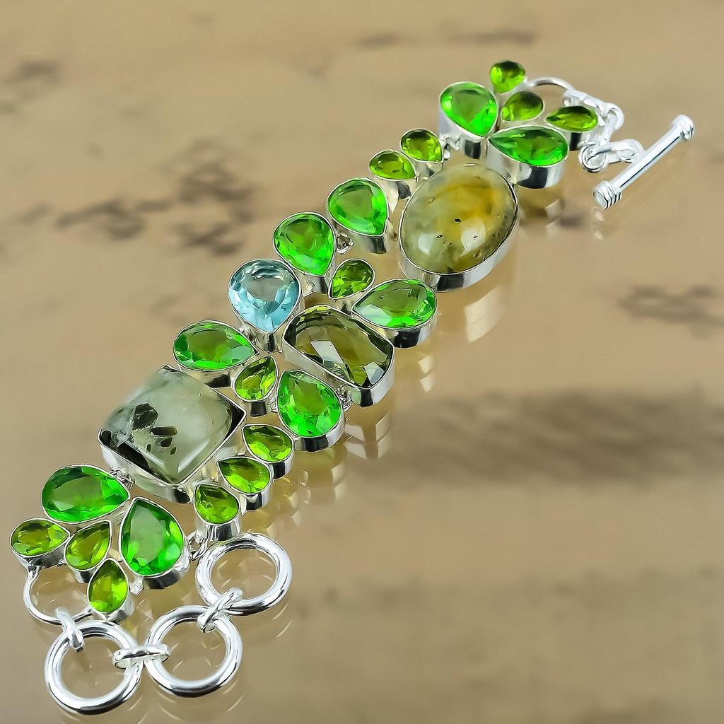 Birthday Gift For Her Natural Moss Prehnite Chain Adjustable Bracelet 925 Silver