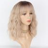 MISS WIG Women Natural Wavy Wig with Bangs Synthetic Fiber Shoulder Length Light Blue Cosplay Daily Wear Blue Wavy Wig