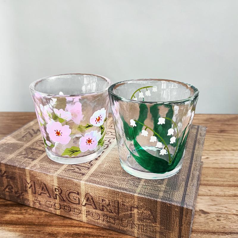 Japanese Style Hammered Hand Painted Lily of The Valley Crystal Glass Cup for Whiskey Tea Water