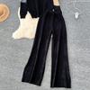 Spring Autumn Oil Painting Print Knitted Sweater Trouser Two Piece Set Women Pullover Tops and Wide Leg Pants Tracksuit