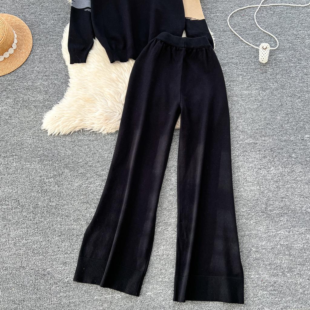 Spring Autumn Oil Painting Print Knitted Sweater Trouser Two Piece Set Women Pullover Tops and Wide Leg Pants Tracksuit