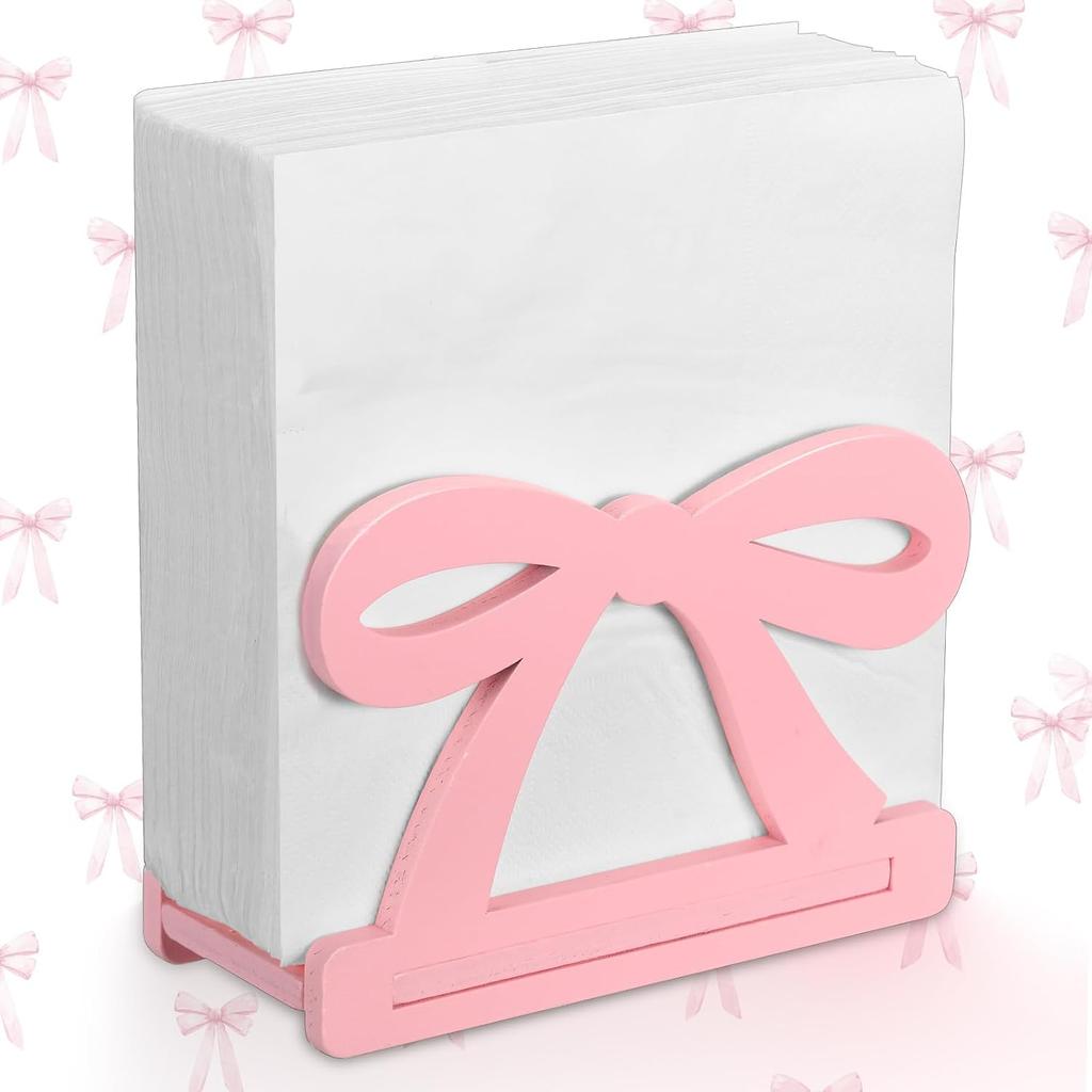 Honeydak Pink Bow Nakpin Holder for Table Coquette Bow Wooden Tissue Dispenser Cocktail Napkin Holder Paper Dispenser for Bachelorette Bridal Wedding