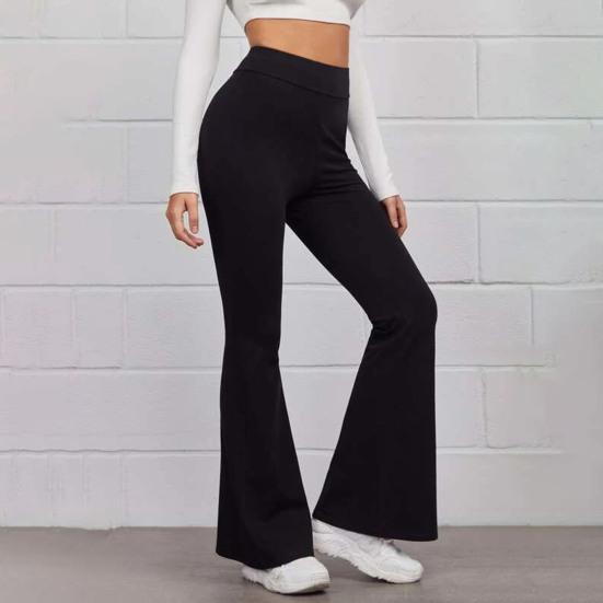 High-Waist Elastic Waistband Control Tummy Lady Trousers Women Solid Color Sports Flared Pants Streetwear