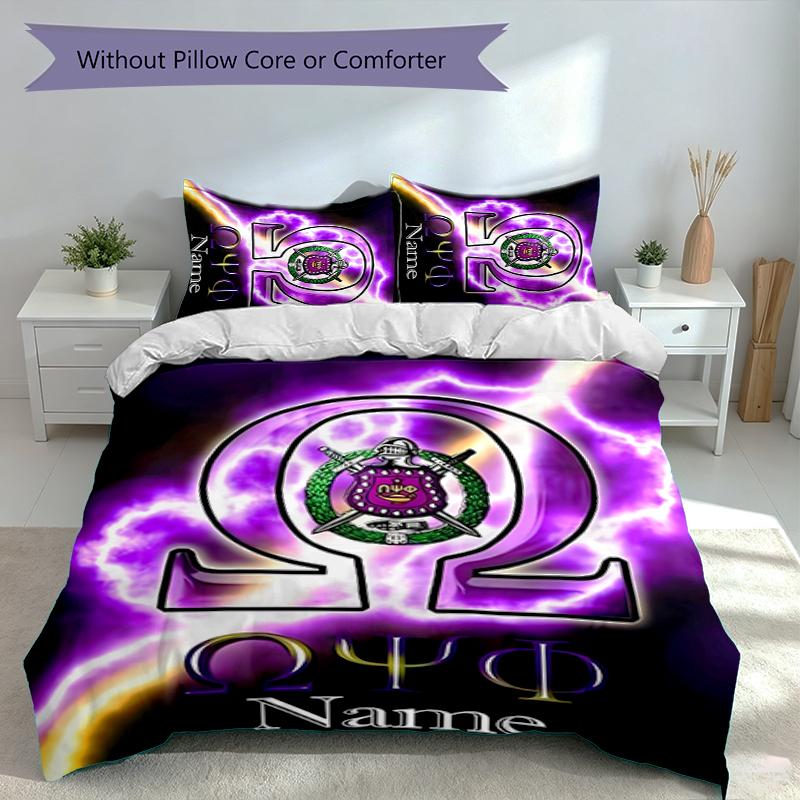 3pcs Custom Name Omega Psi Phi Bedding Set,Includes 1 Duvet Cover and 2 Pillowcases,All-season Bedroom Decor