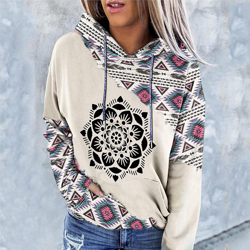 Women's Aztec Hoodie Geometric Pattern Long Sleeve Colour Block Pullover Drawstring Sweatshirt