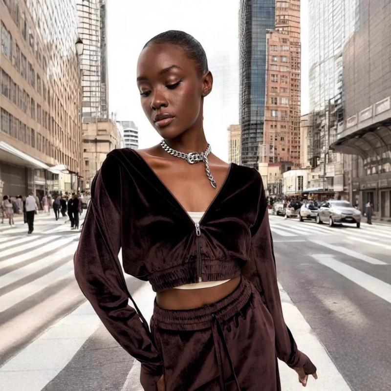 Womens Stylish Hooded Long Sleeve Crop Top Wide Leg Pants Set Casual Streetwear Outfit 2025