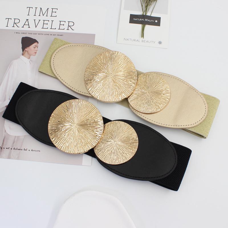 Women's Elastic Wide Waist Belt with Metal Round Buckle - Stylish European & American Design for Dresses and Sweaters