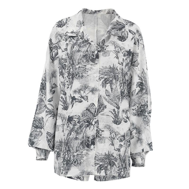 Womens 2-Piece Streetwear Set Long Sleeve Shirt Shorts Ink Print Casual Fashion
