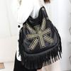 Vintage Beading Black Handbag Women Large Capacity Tassel Casual Shoulder Bags Female Retro Soft Leather Handbags Purses