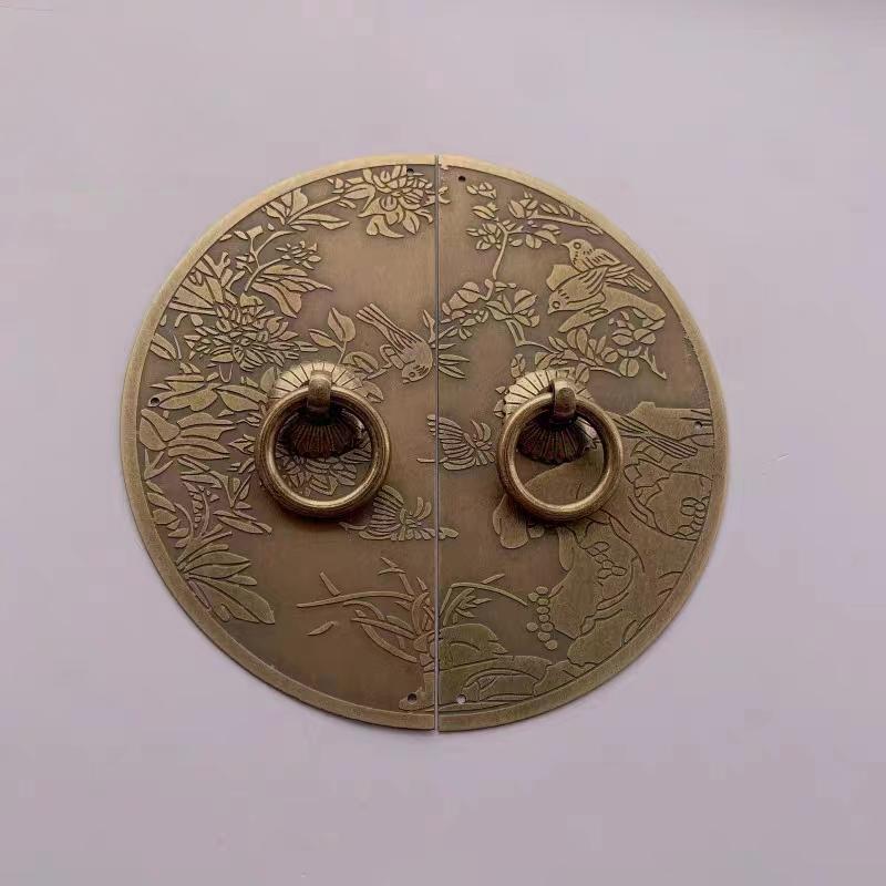 Chinese Antique Copper Cabinet Handle Shoees Wardrobe Door Brass Retro Furniture Knob Engraved Round Handles Door Decoration