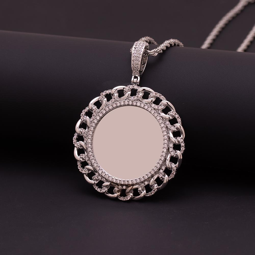 Dropshipping Iced Out Cuban Link Design CZ Round Memory Photo Frame Pendant Zircon DIY Circle Picture Medallion Necklace Jewelry