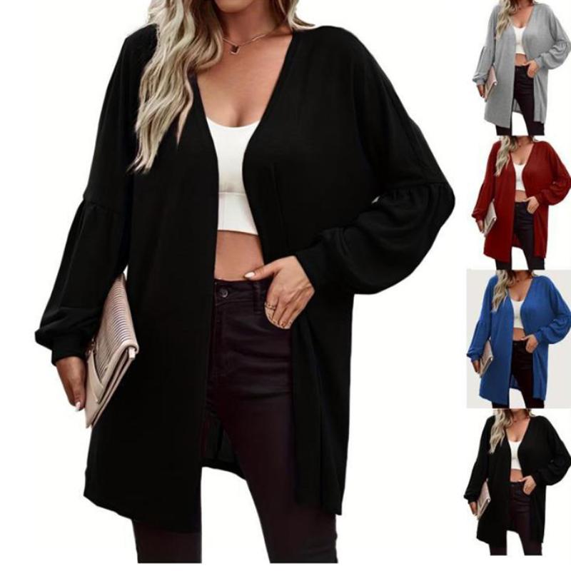 Knitted Cardigan Lantern Sleeve Female Autumn Everything with Solid Color Loose Coat Female