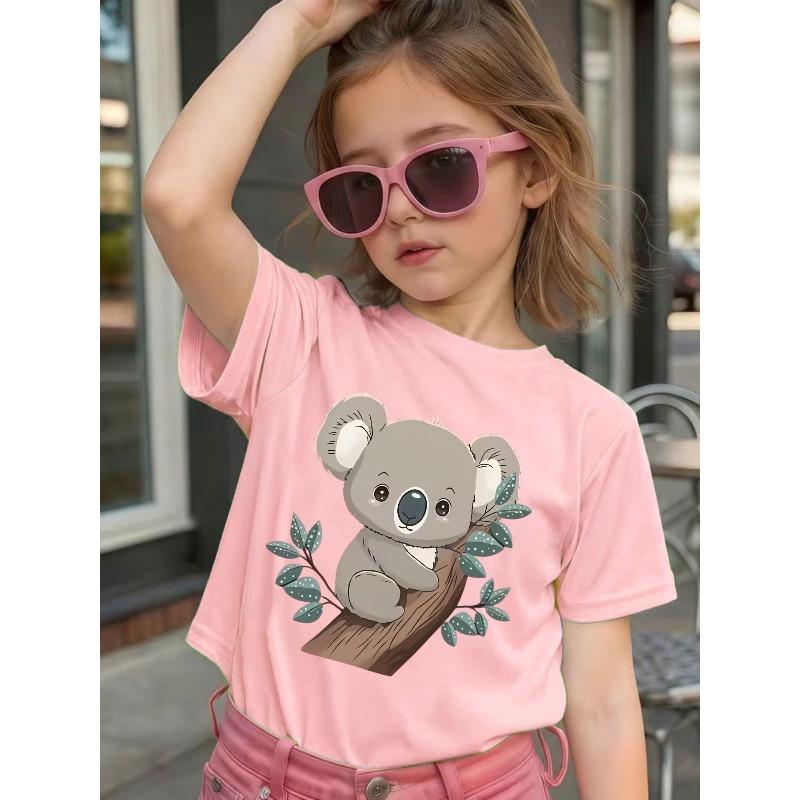 Girls Crewneck Short Sleeve Tee, Cute Koala Hug Tree Print
