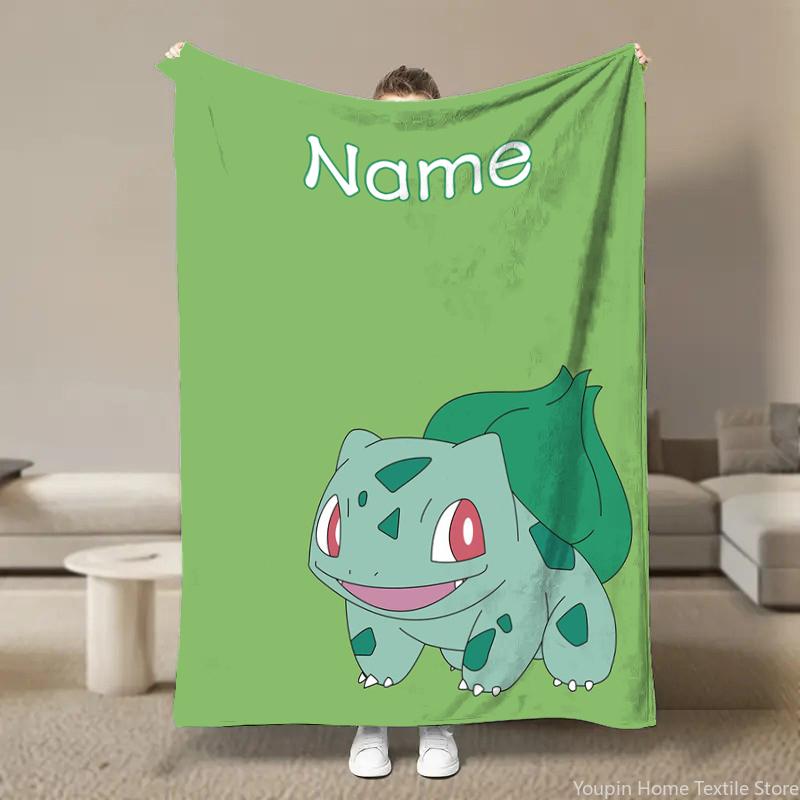 Custom Name Personalized Blanket Pokémon Bulbasaur Print Blanket Children Adult Blankets Soft Warm  Sofa Travel Blanket for Bed