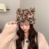 Japanese Winter Leopard Print Plush Fisherman Hat Korean Style Cute Ear Warm and Cold Hat Thickened Plus Velvet Basin Hat for Women