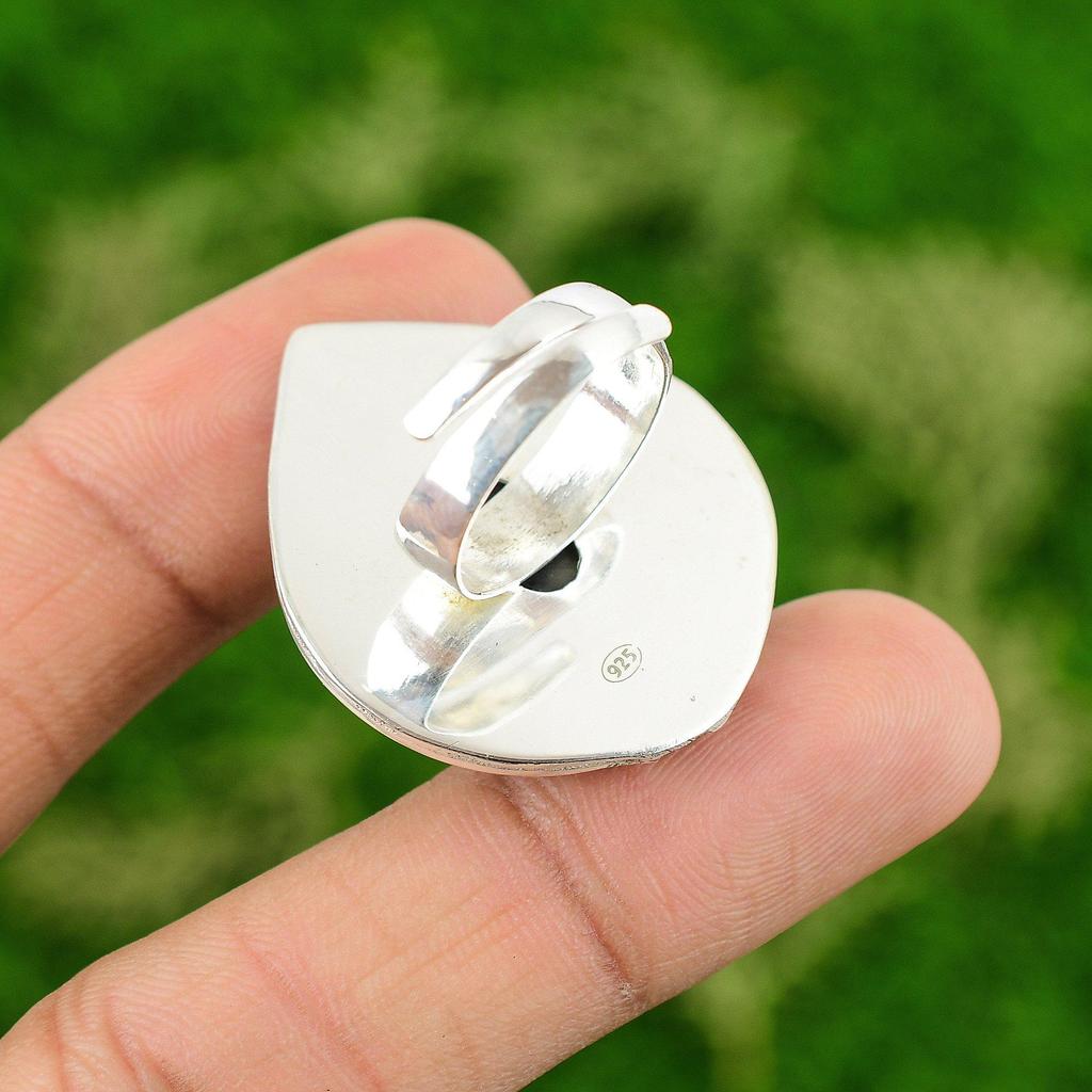 Natural Abalone Shell Gemstone Statement Adjustable Ring 925 Sterling Silver