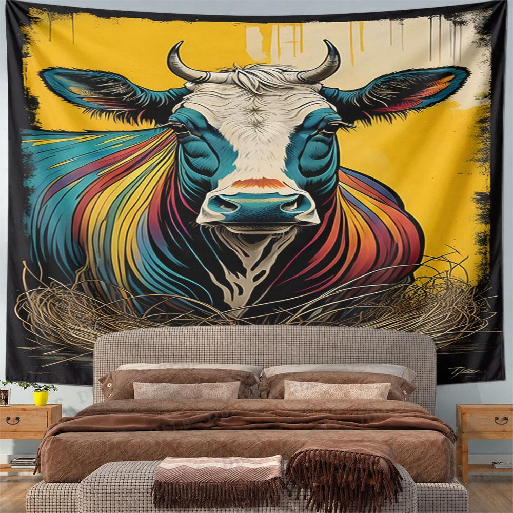 Colorful Bull Illustration on Yellow Background Pattern Wall Hanging Tapestry Decorative Tapestry Home Decor for Bedroom and Living Room