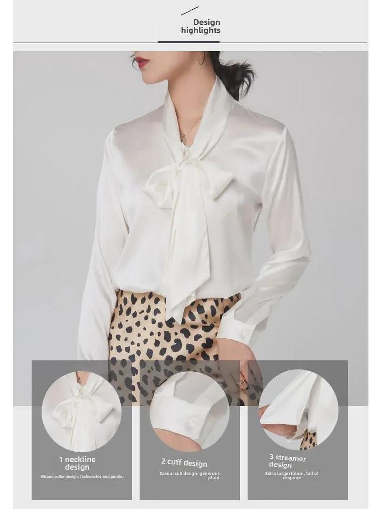 Women's Early Spring Mulberry Silk Satin Blouse with Bow - Long Sleeve