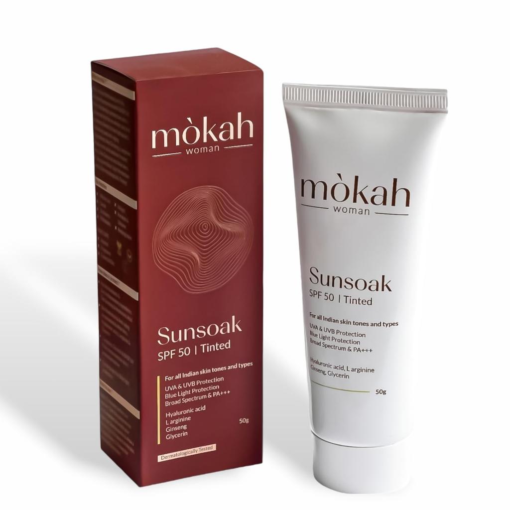 MOKAH WOMAN Солнцезащитный тинт Sunsoak SPF 50+ | Широкий спектр UVA/UVB PA+++, Не оставляет белых следов, Нелипкий, Суперлегкий | Для чувствительной кожи | Гиалуроновая кислота