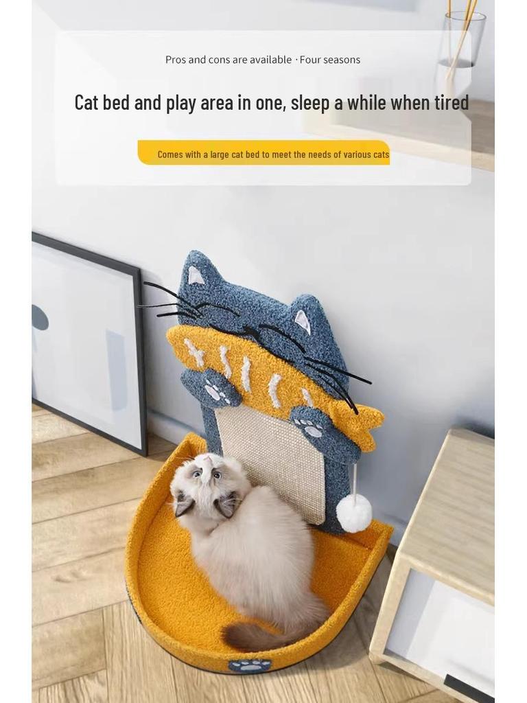 Большая вертикальная сизалевая когтеточка и игровой комплекс со встроенной кошачьей лежанкой и игрушкой для котят