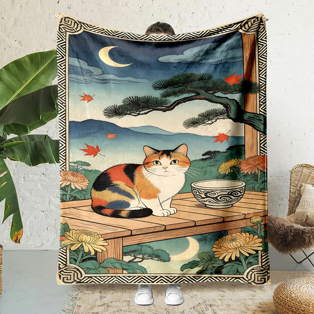 Japanese woodblock calico cat autumn night Print Blanket Warm Soft Fluffy Kids Adult Sofa Bed Throw Outdoor Travel Camping RV