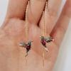 1 Pair Women Threader Earrings Rhinestones Hummingbird Pendant Dangle Earrings Elegant Tassel Charm Long Earrings