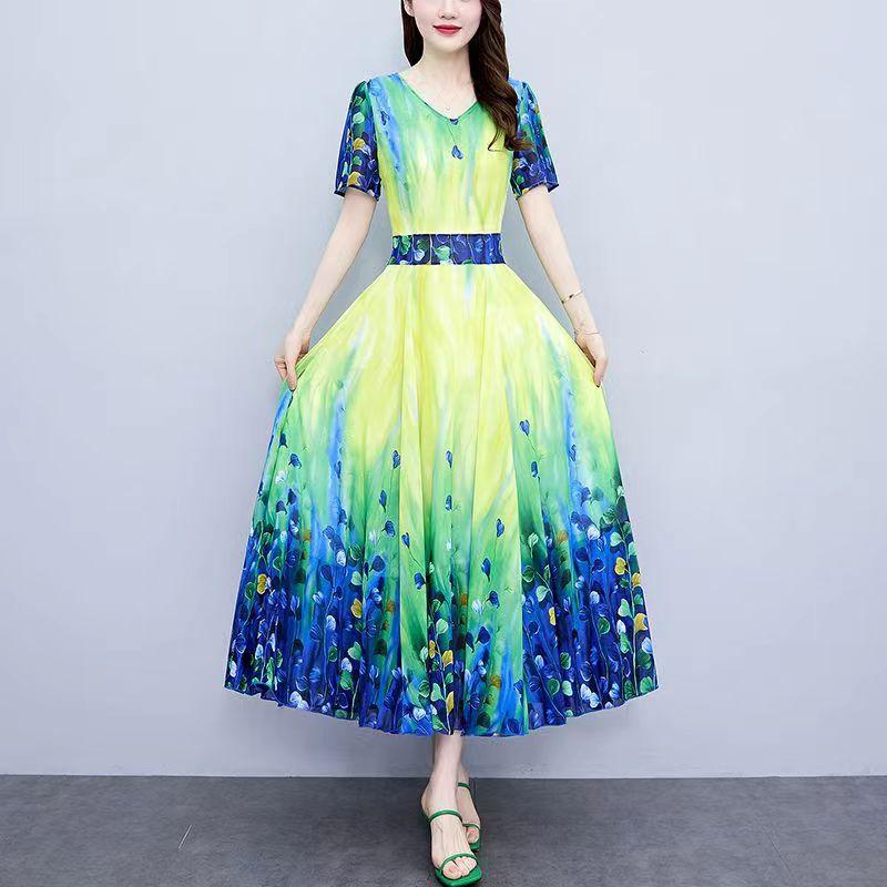 Женское летнее платье, большое шифоновое платье M-5XL, женское платье, утягивающее и утягивающее талию, платье с принтом