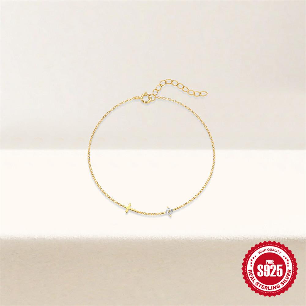 Ветер Поездки на работу Простая одежда S925 Стерлинговое серебро Металл Гладкий Крест, Циркон Сращивание Четырехлепестковый Цветок Браслет