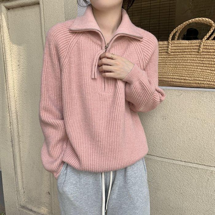 Полумолния пуловер трикотажный женский свободный тонкий верхняя одежда толстый свитер куртка топ