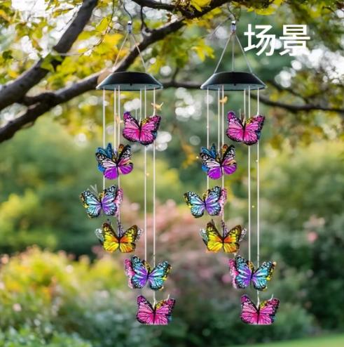 2026 Outdoor Waterproof Solar Butterfly Wind Chime Garden Lamp Flower Fluttering Realistic Flower Decoration Festival Lamp