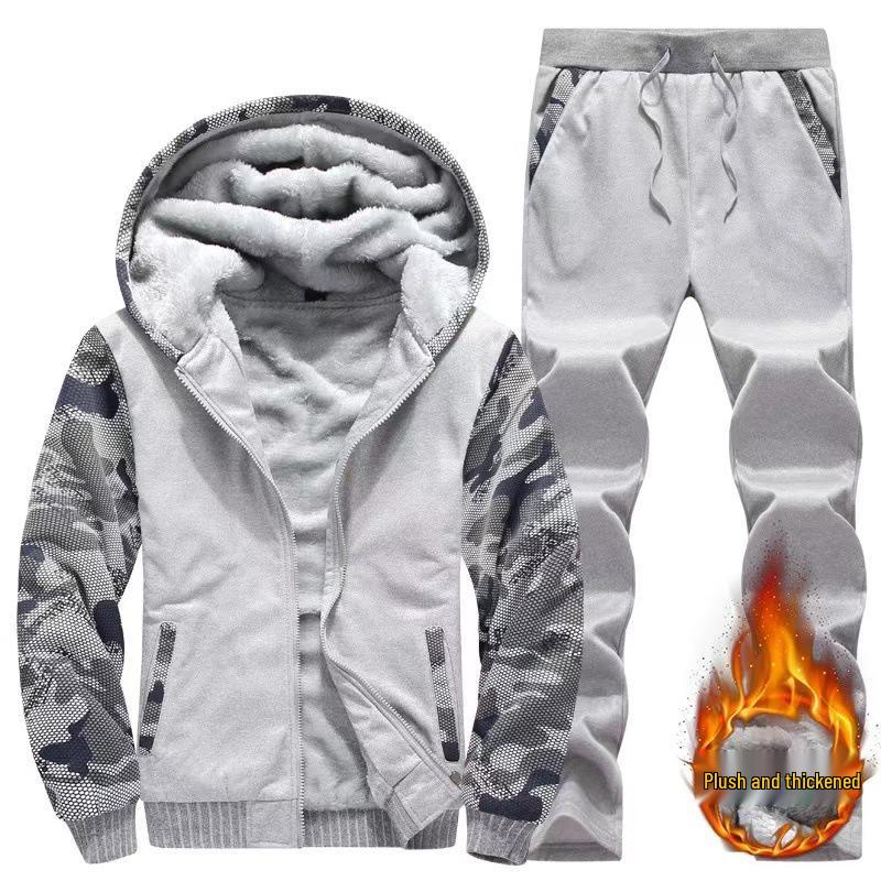 Men's Plus Size Slim Fit Camouflage Winter Sports Suit - Thickened Warm Jacket with Velvet